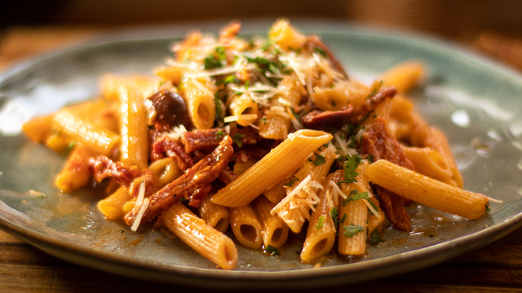 Crispy Salami and Olive Tomato Pasta - Easy Meals with Video Recipes by ...