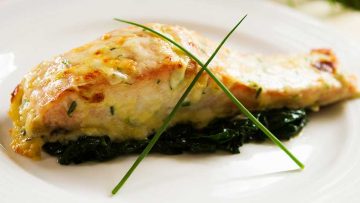 Salmon with a Chive and Mornay Cheese Sauce on Spinach