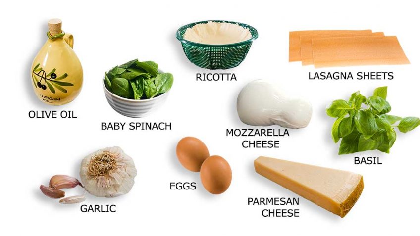 Ingredients for Cheesy Lasagna spinach basil rolls