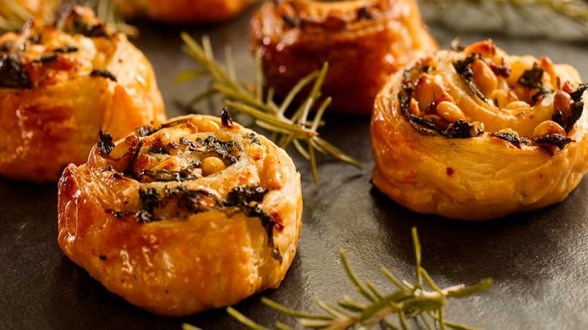 Puff pastry Pin wheels with Pine nuts, Feta Cheese and Spinach