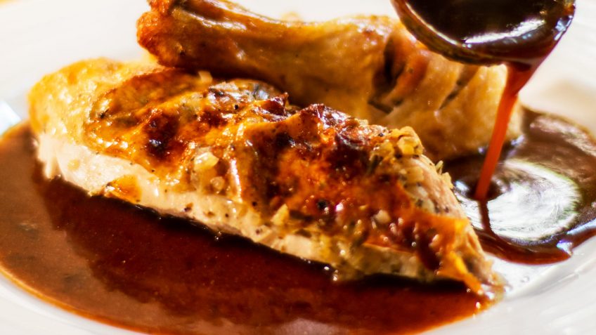 Roast tarragon chicken with rich onion and garlic gravy