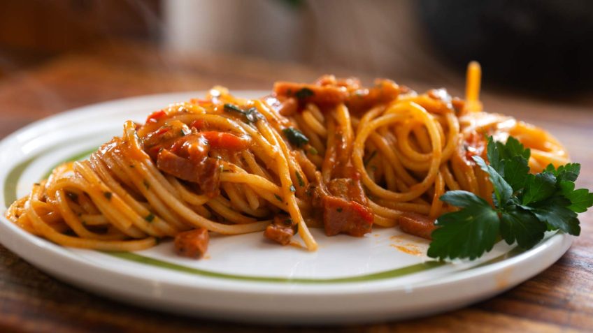 Italian Comfort Spaghetti with Crispy Pancetta and Spicy Tomato Sauce